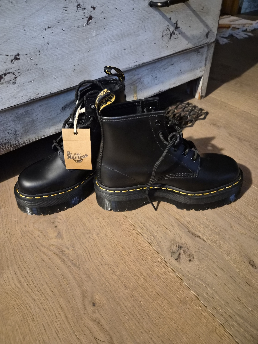 Dr. Martens Black Leather Chunky Sole Lace-Up Boots with Yellow Stitching
